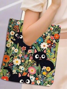 Black Cat Floral Tote Bag - Cute Cat Print Canvas Shopper. NWT